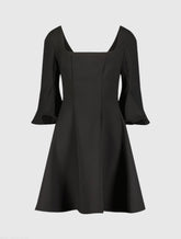 Black Crepe Square Neck 3/4 Sleeve Godet Mini Dress